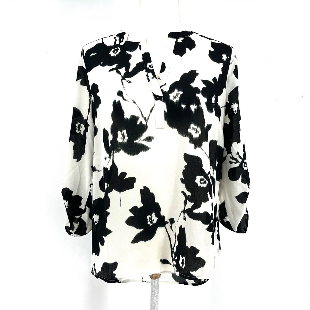 Daniel Rainn Black White Floral Print‎ V Neck Tunic Blouse Polyester Size S